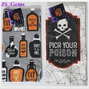 2 New Haunted House Kitchen Towels Halloween Gray & White Poison Potions Set